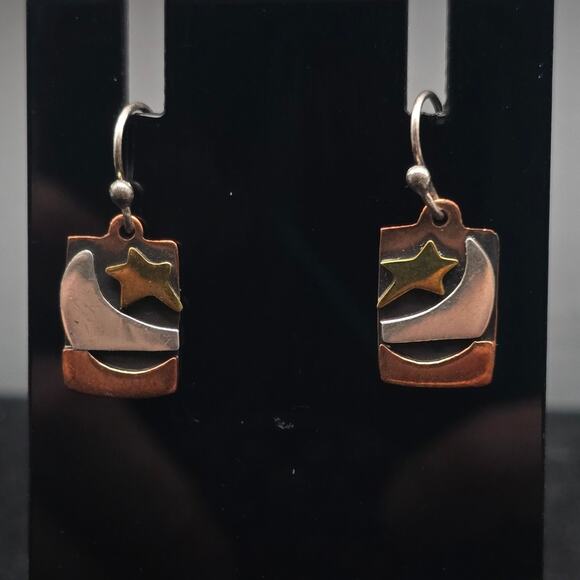 Far Fetched Copper and Sterling Celestial Earrings Moon Stars Dangle Drop - Picture 1 of 6